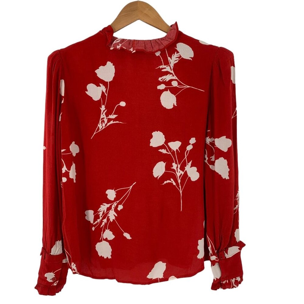 ba&sh Red Floral Ruffle V-Neck Button Front Blouse - Picture 7 of 8
